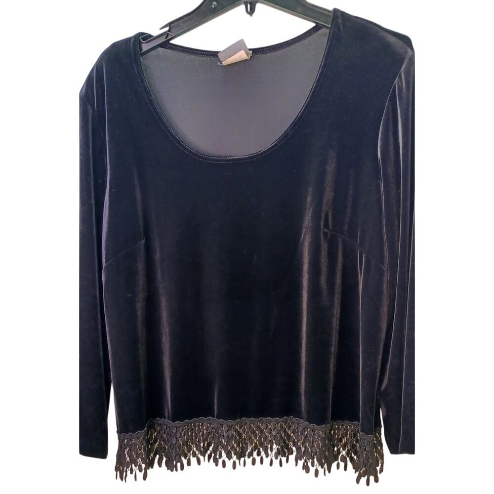 VTG Rabbit Rabbit Rabbit Black Plush Velvet Top with Lace Trim Women's XL Gothic
